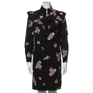 Batsheva Black Multicolor Floral Print Long Sleeve Short Day Cotton Dress